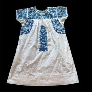 Flowy white with blue embroidery florals Sister Mary Dress
